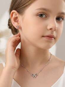 Set de 2 piezas/3 piezas/4 piezas de collar con colgante de lazo elegante de plata, pulsera con decoración de lazo, aretes de lazo, conjunto de joyería para fiestas y eventos - Plateado - Ver 8