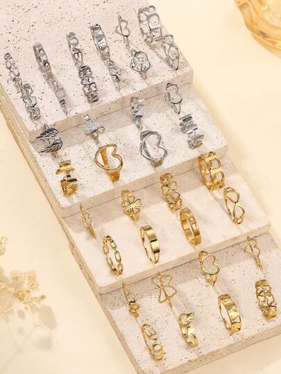 6 piezas/8 piezas/12 piezas/16 piezas/24 piezas Anillos abiertos vintage de acero inoxidable con baño de oro y esmalte, surtido de tallas, aptos para uso diario o como regalo