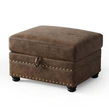 ONBRILL Brown Faux Leather Ottoman With Storage, Mid Century Modern Chesterfield Ottoman, Rectangle Nailhead Trim Ottoman Coffee Table With Solid Wood Legs, Mid Century Modern Chesterfield Ottoman, Oversized Upholstered Footrest Stool For Living Room, Bedroom, Apartment - 棕色 - 查看 9