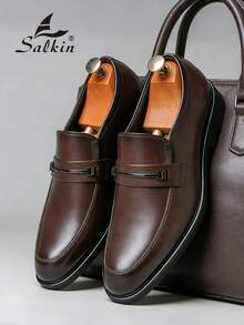 Salkin 经典复古风格男士一脚蹬乐福鞋，优雅绅士皮鞋，纯色透气鞋面，防滑鞋底，适合日常休闲、商务、正式场合、毕业典礼、婚礼、派对、春夏/秋季，建议订购大一码正式/商务正装 - 棕色 - 查看 9