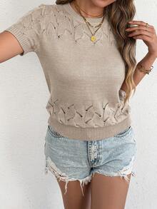 Casual Crew Neck Hollow Out Ribbed Solid Color Short Sleeve Women Knit Sweater Top, Everyday Wear, Spring/Summer - Khaki - View 4