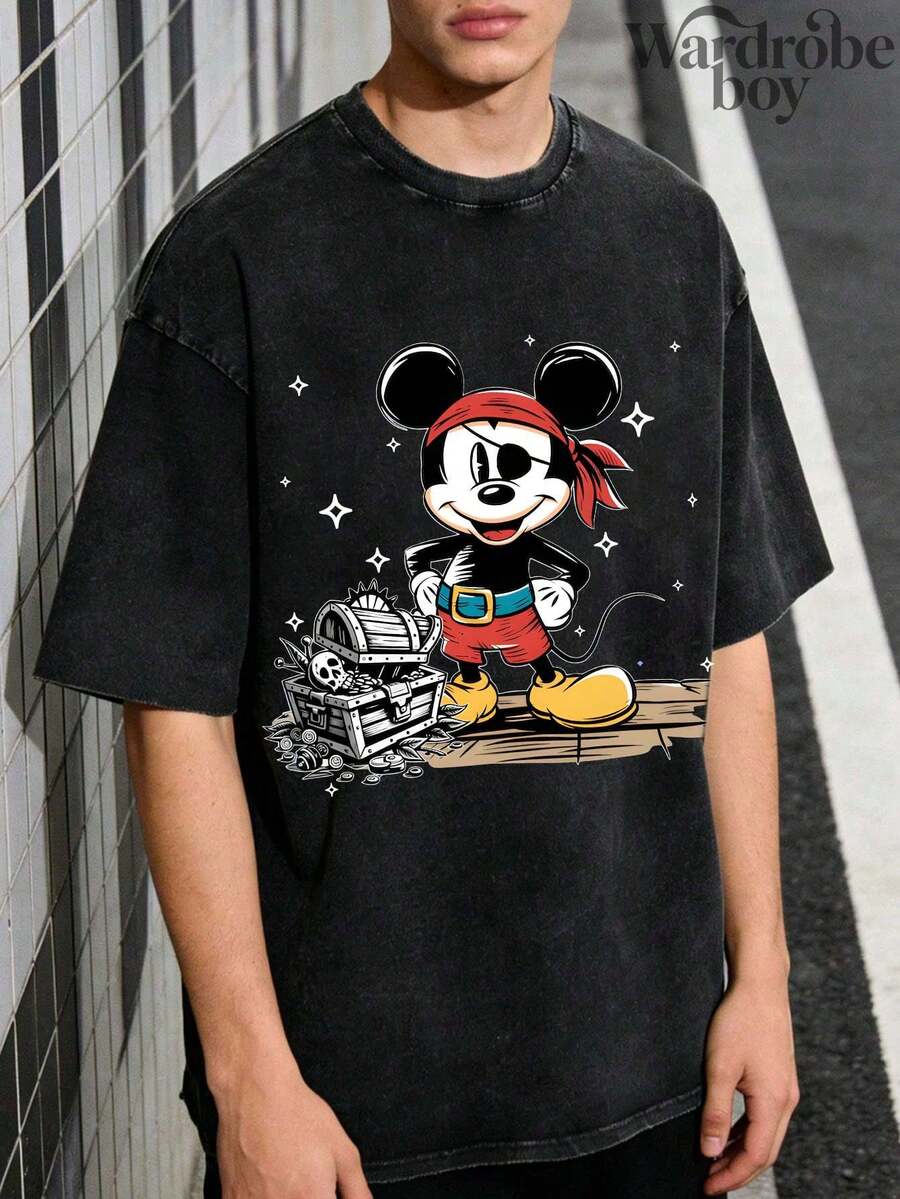 Disney Printed Wash Water T-Shirt,Men's Mickey Pirate Shirt, Disney  Shirt, Pirate Life Shirt, Mickey Shirt, Disney Cruise Shirt, Disney Pirate Shirt,Unisex,High-Quality Pure Cotton T-Shirt,Suitable For All Seasons, Comfortable And Breathable| Exquisite Design | The Best Choice For Giving Gifts - 黑色 - 查看 1
