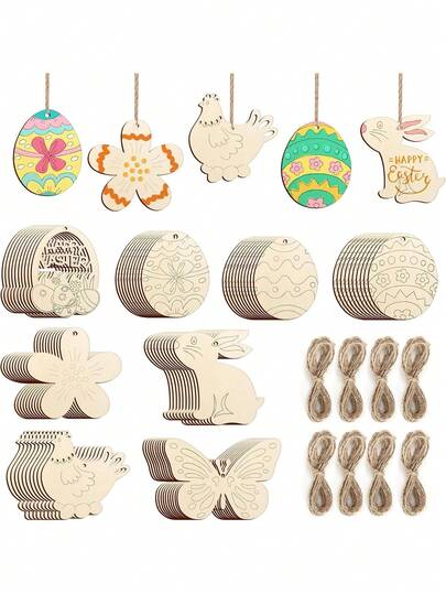 60pcs Easter DIY Painting Decorations, Hollow Wooden Eggs, Rabbits, Chicks, Easter Basket Fillers, Home Decor, Easter Decoration Accessories, Painting Craft Set