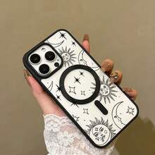 Sun, Moon And Star Print Pattern Phone Case, Transparent Shock-Proof Phone Case With Magnetic Wireless Charging Cover, Protection Design Compatible With IPhone XR 11 12 13 14 15 Plus 16 Pro Max 17 Air Series - Multicolor - View 4