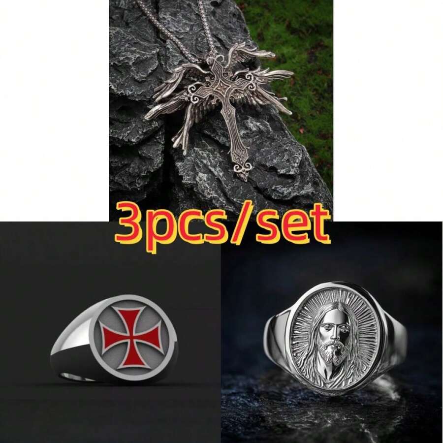 3件套复古天使翅膀十字架吊坠项链银色十字架戒指银色耶稣戒指男女时尚朋克首饰套装冒险旅行幸运护身符配饰礼品 - 3PCS - 查看 1