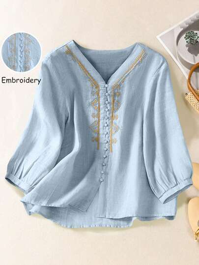 Vintage Embroidered Design Short Sleeve Top, Embroidery V-Neck Casual T-Shirt Blouse, Spring/Summer