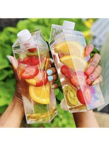 1個可愛透明方形牛奶盒造型水瓶，500/1000ml 可重複使用，適用牛奶、咖啡、果汁，便攜式，適合學校、旅行、露營、居家辦公，畢業季禮物，廚房烘焙杯 - 彩色 - 查看 3