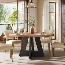 FINMIND 7 Inch Round Dining Table Wood Kitchen Table For Dining Room, 47" Dinner Room Tables For 4-6, Farmhouse Accent Furniture With Wooden Tabletop And Cross Base - Brown & Black - View 7