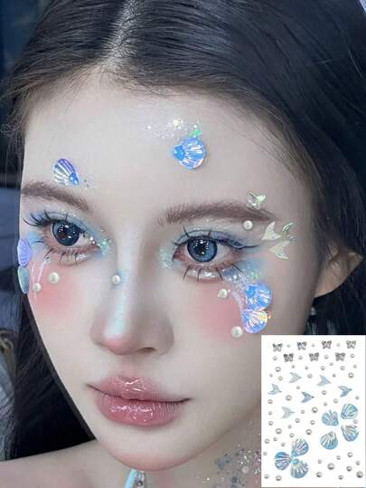 1pc Mermaid Shell Eye Makeup Sticker, Holographic Glitter Pearl Face Decor Sticker Suitable For Women, Stage, Beach Party