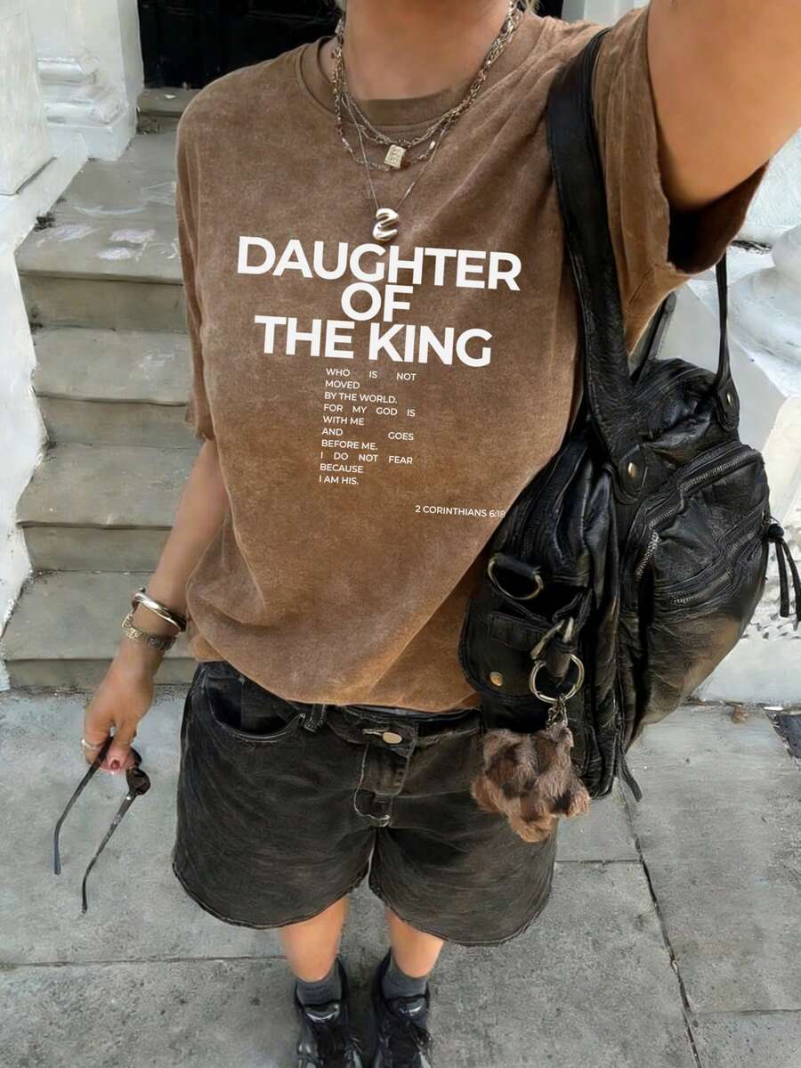 Letnia nowość, minimalistyczny, modny, retro, luźny T-shirt z okrągłym dekoltem i krótkim rękawem, piękny, spersonalizowany, uniwersalny top dla kobiet - Brązowy - Zobacz 1