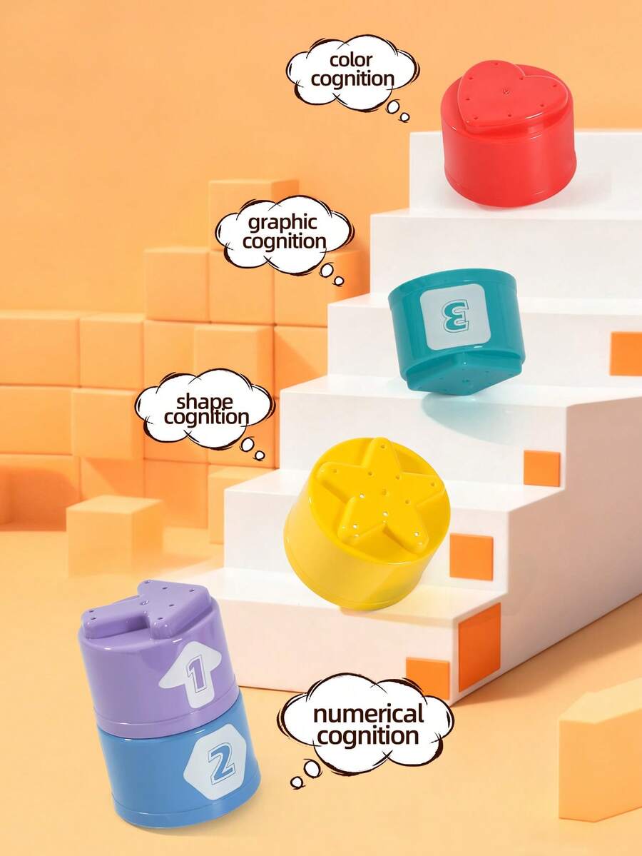 一套幼儿红色爱心叠叠杯，心形叠叠乐玩具，数字认知及亲子互动游戏，适合作为开斋节、复活节、生日礼物（6件装） - 彩色 - 查看 1