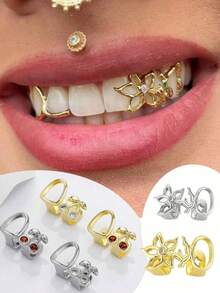 3pcs Set Fashionable Personalized Hip Hop Jewelry Grillz, Hollow-Out Copper Alloy Zirconia Teeth Grillz, Cool Gift For Men And Women - Multicolor - View 1