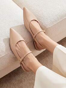 Women Slingback Pointed Toe Flats Mary Jane Ballet Flat With Buckle Strap Low Heel Dressy Flats Modern Lady Chic Shoes - Màu be - Xem 2