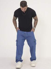 Men's Marbled Cargo Jeans, Wide Leg, Side Pocket, Streetwear - 中等水洗藍 - 查看 5