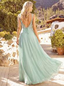 Elegant Chiffon Backless Floral Embroidered Sage Green Bridesmaid Dress - Mint Green - View 3
