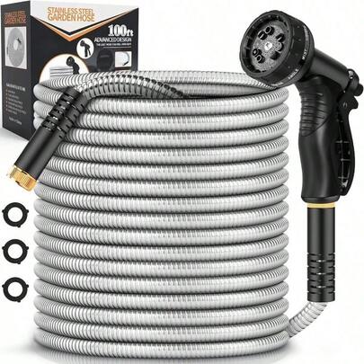 Garden Hose Metal 100FT, Stainless Steel Heavy Duty Hose With 10 Function Nozzle, No - Kink, Flexible, Sturdy And Lightweight, Rust Proof Yard, Outdoor, RV