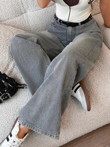 Jeans de cintura alta y pierna recta para mujer, ropa casual y versátil para la calle - Gris - Ver 4