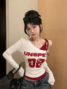 Asymmetric Contrast Color Block Long Sleeve T-Shirt, Sweet & Sexy Girl Print Fitted Tee For Women, Spring/Summer White - White - View 3