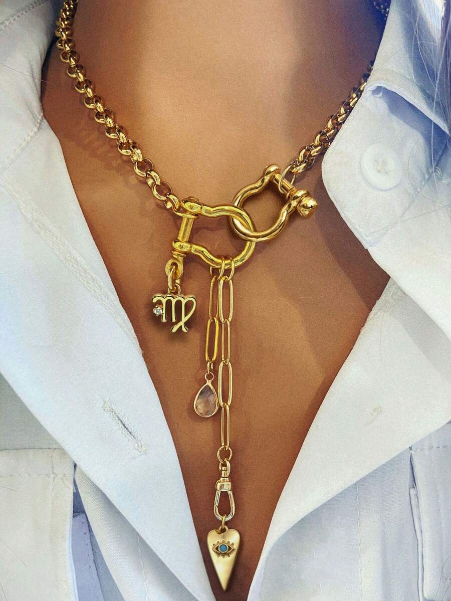 1 pieza Collar de mujer con broche de doble herradura, colgante del zodíaco y colgante de ojo malvado, diseño lujoso y versátil, adecuado para fiestas y vacaciones - Dorado - Ver 1