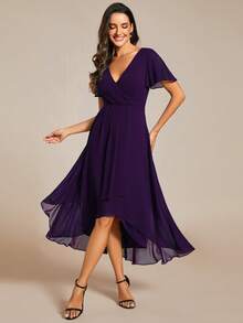 EVERPRETTY Elegant Chiffon V-Neck Ruched Purple Bridesmaid Dress, Soft High-Low Ruched Hem, Suitable For Wedding Ceremony And Formal Evening Occasions - Purple - View 7
