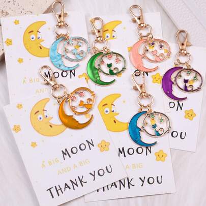 月型キーチェーン 6個セット、かわいい猫とスター デザイン キーリング、月とスターのプリント付きサンクスカード、ラマダン・イード感謝の記念品、パーティーの装飾ギフト、友情ギフト、卒業記念品、ユニセックス 日常的な装飾アクセサリーギフト、家族や友人への贈り物