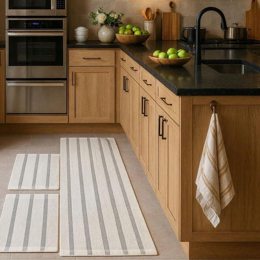 3-Piece Set Of 100% Cotton Kitchen Rugs – Mandacaru With Runner - Grey - View 1