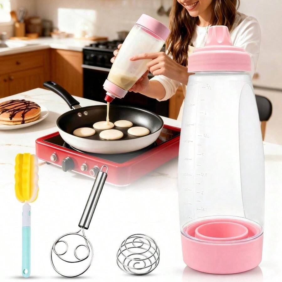 Pancake Batter Dispenser Bottle Kit - 4.5 - Cup Pancakes Mixer With Shaker Ball Stainless Steel Whisk And Brush, Squeeze Pink Kitchen Accessories Gifts - 紅白色 - 查看 1