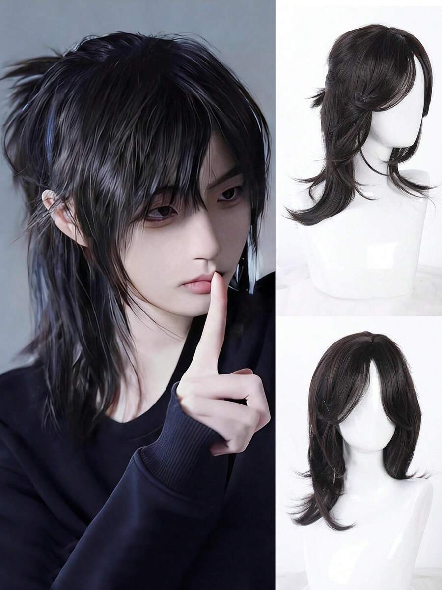 Fashionable Black Fiber Wig, Unisex, Anime Martial Arts Style Straight Hair Half Ponytail Wig, Cosplay Wig - Stylish And Durable, Suitable For Daily, Festivals And Halloween
