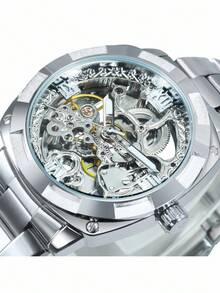 FORSINING 1件男士奢华复古方形透明镂空自动机械表，夜光指针，不锈钢表带，商务休闲男士手表，节日生日礼物 - 銀色 - 查看 4