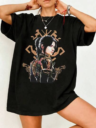 Arcane Caitlyn Anime Female Warrior Oversized Cotton T-Shirt  Vintage Norse Rune Graphic Tee