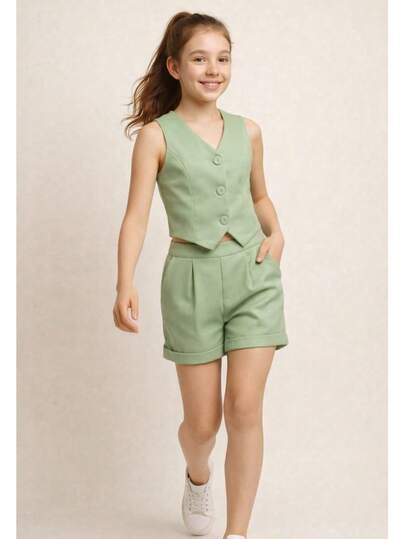 Conjunto Feminino Juvenil com Colete elegante Roupa Menina Pré-Adolescente, Short Alfaiataria , 2 Peças Elegante roupa 2026