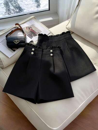 女士休闲纯色荷叶边腰部口袋纽扣短裤