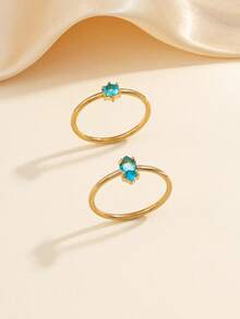 2 pièces Ensemble de bagues rondes en diamant style minimaliste en acier inoxydable doré pour femmes, convient pour un port quotidien ou en cadeau - Or jaune - Voir 9