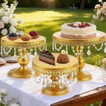 3Pcs Antique Cake Stand Set - Round Metal Cupcake Stands With Pendants And Beads - Elegant Dessert Display, For For Wedding, Birthday Party Decor - Vàng - Xem 2