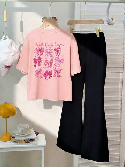 مجموعة قميص وبنطلون بطبعة الفراشة للبنات المراهقات، قطعتان، فضفاض ومريح، للارتداء اليومي العادي
