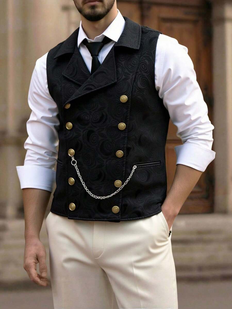 Áo vest nam màu đen hai hàng khuy kèm dây xích, kiểu dáng Anh cổ điển, phù hợp cho đám cưới, tiệc tùng, sự kiện trang trọng, dạ hội. - màu đen - Xem 1