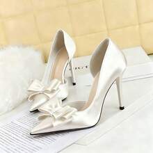 Zapatos de tacón alto para mujer, zapatos de tacón alto con punta puntiaguda y boca baja decorados con lazo, tacones de aguja modernos, elegantes y sencillos, adecuados para salir, viajar, vacaciones y festivales. - Blanco - Ver 4