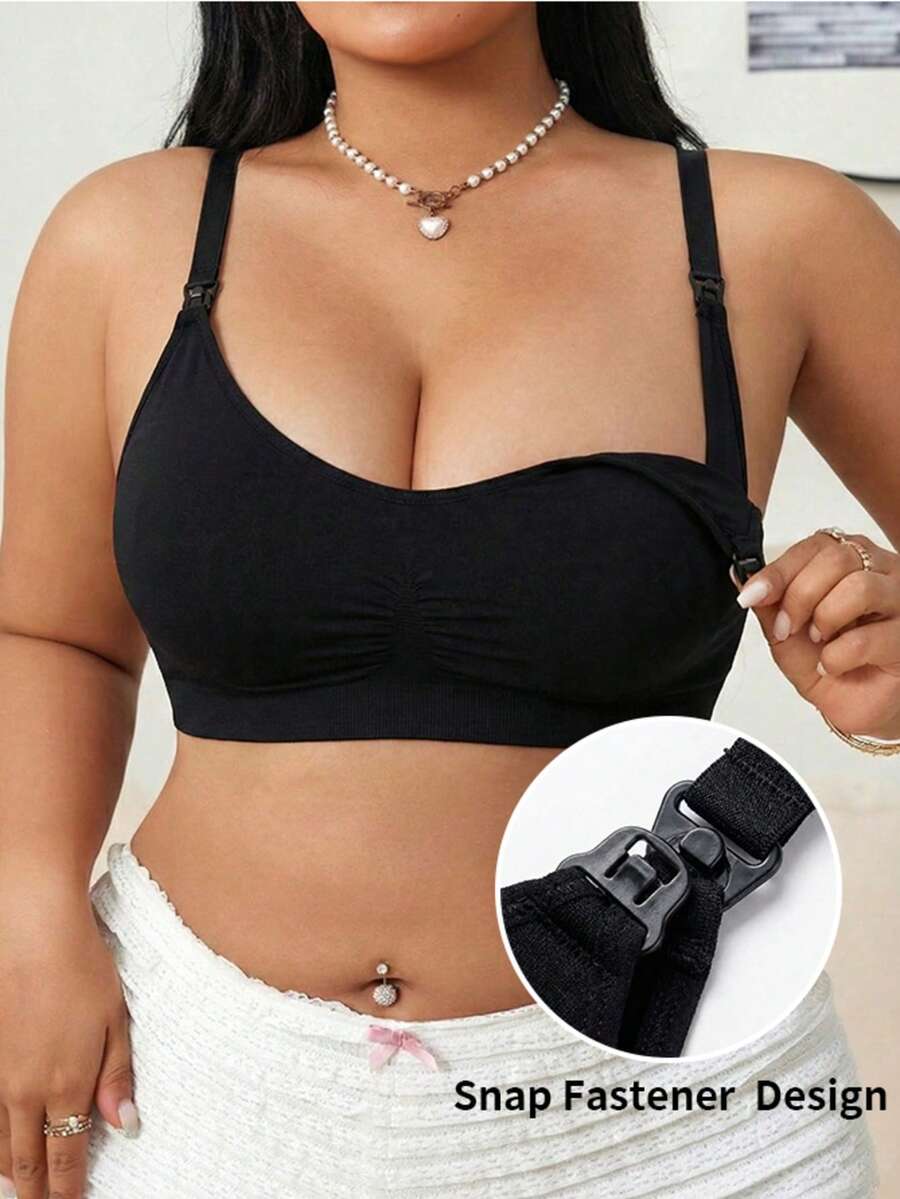 Plus Size Women Seamless Wireless Comfortable Breathable Bra, Full Coverage Supportive Sports Camisole With Wide Straps, Soft Maternity Sports Bra, Autumn/Winter - Black - View 1