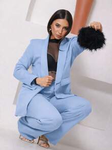 Elegant Women's Tailored Suit With Blazer And Wide-Leg Trousers For Work, Casual, Party, Fabric, Pocket, Button, Zipper. Blazer And Wide-Leg Trousers Set For Baby Shower, Formal Office And Evening, Spring, Autumn. - 淺藍色 - 查看 4