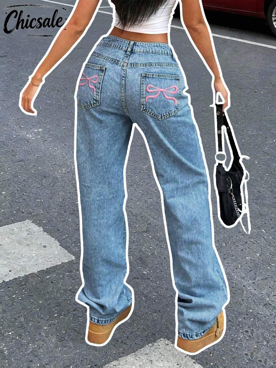 Women's Y2K Loose Straight Leg Jeans With Butterfly Embroidered Pockets - Medium Wash - View 1