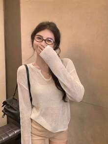 女士镂空针织罩衫，宽松轻薄透气毛衣上衣，竖条纹V领设计，夏季外套 - 杏色 - 查看 2