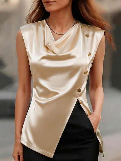 Elegant Sleeveless Irregular Hem Solid Color Vest Top, Versatile Blouse, Summer Essential, High-End Design, Minimalist Style, Breathable Fabric, Soft Texture, Fashionable Shirt, Metal Buttons, Office & Casual Wear, Summer Staple