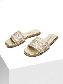 Dream Pairs Women Flat Slides Sandals Slip On Square Open Toe Jacquard Braided Fashion Slides Casual Beach Slippers Summer Vacation Shoes - 金色 - 查看 5