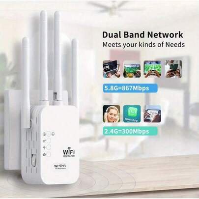 Extensor de alcance Wi-Fi de banda dupla de 2,4 GHz e 300 Mbps, forte penetração, suporta até 58 dispositivos, 4 modos e configuração com um toque, 6 antenas para cobertura de 360°, porta Ethernet, ideal para casa, escritório, shopping, café e muito mais.