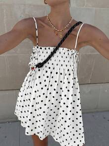 复古波点印花波西米亚风休闲褶皱松紧腰荷叶边吊带迷你连衣裙，可多种方式穿着，适合度假、夏季穿着，白色 - 白色 - 查看 7