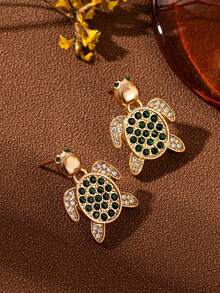 2件套女士时尚夏季可爱休闲沙滩海龟锆石耳钉，婚礼订婚派对珠宝礼物 - 金色 - 查看 3