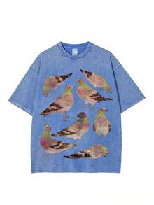 2026 Washed Cotton, Vintage Pigeon Party Print T-Shirt, High-Quality Wax-Printed Cotton Retro Fashion Brand T-Shirt, Unisex T-Shirt, Popular Daily Wear T-Shirt, Holiday Gift, Perfect Present, Valentine's Day Gift - 黑色 - 查看 7