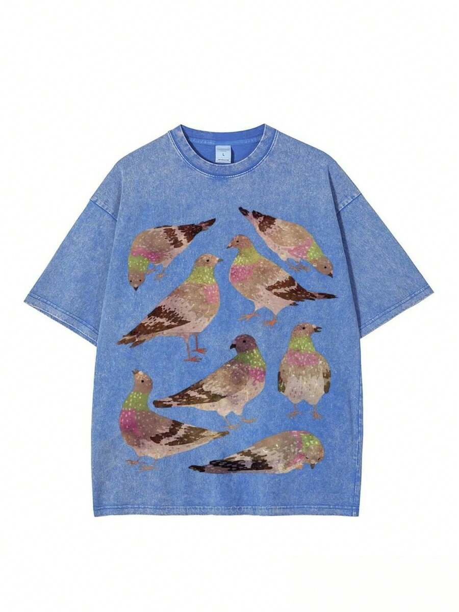2026 Washed Cotton, Vintage Pigeon Party Print T-Shirt, High-Quality Wax-Printed Cotton Retro Fashion Brand T-Shirt, Unisex T-Shirt, Popular Daily Wear T-Shirt, Holiday Gift, Perfect Present, Valentine's Day Gift - 寶藍色 - 查看 1