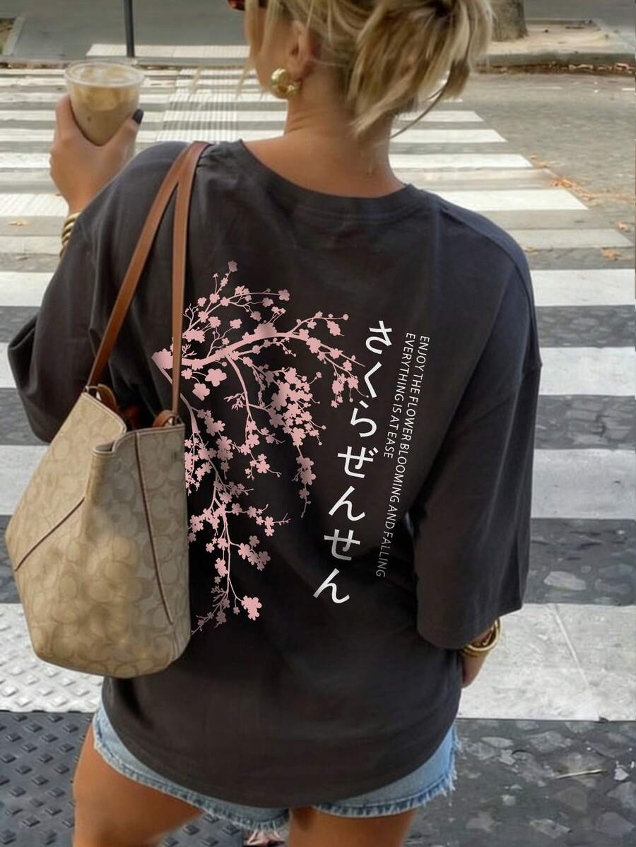 夏季新款简约时尚日系粉色樱花印花休闲圆领灰色短袖T恤,时尚百搭女式上衣 - 深灰 - 查看 1