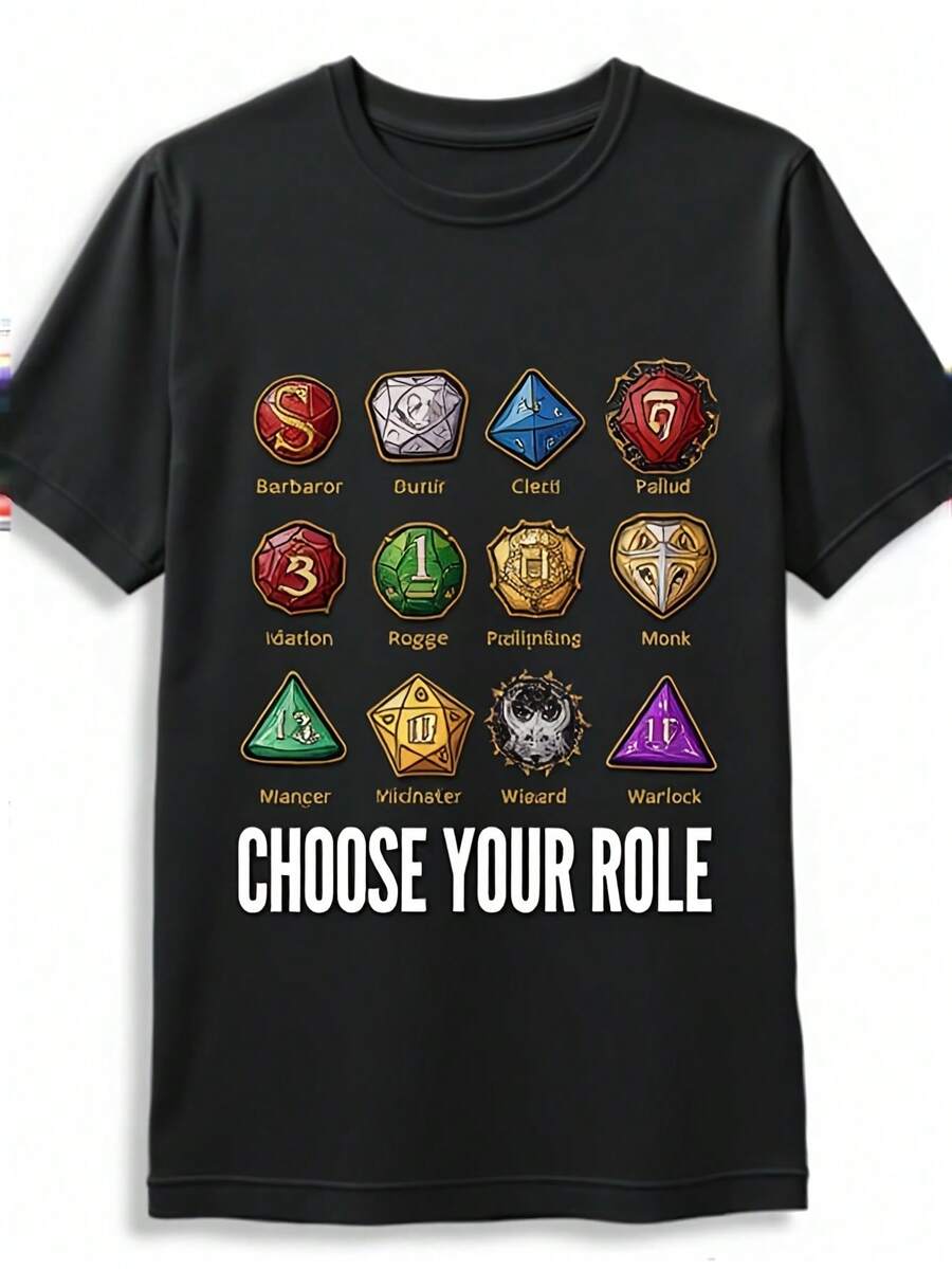 Camiseta - elija sus gráficos de dados de personajes (sacerdotes, brujas, ladrones, guerreros, paladines, rangers) - camiseta de juego RPG de escritorio negro - tela suave y transpirable para fanáticos de D & D - casu - Negro - Ver 1